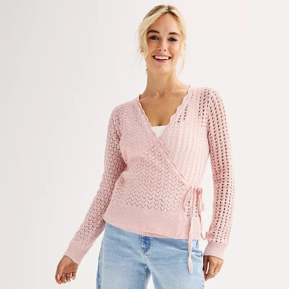SO Size XL Juniors Light Pink Pointelle Wrap Front Sweater, NEW With Tag